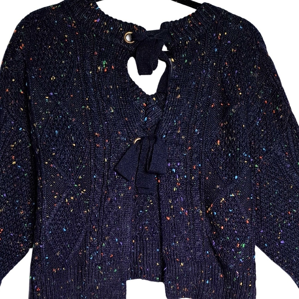 John + Jenn Sweater S Navy Rainbow Confetti Cable Knit Tie Open Back Grommet 914 - Picture 5 of 12